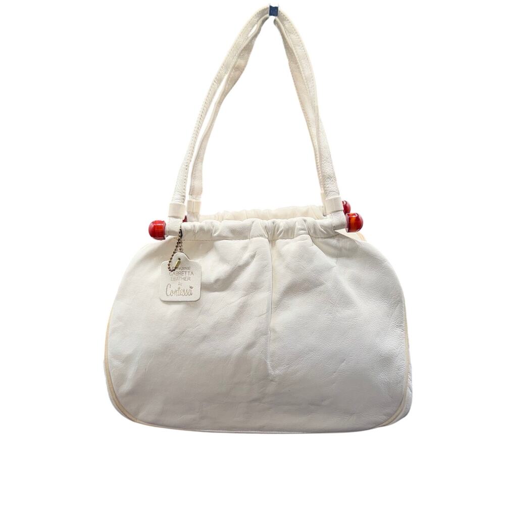 Vintage Contessa White Cabretta Leather Beaded Frame Shoulder Bag Purse